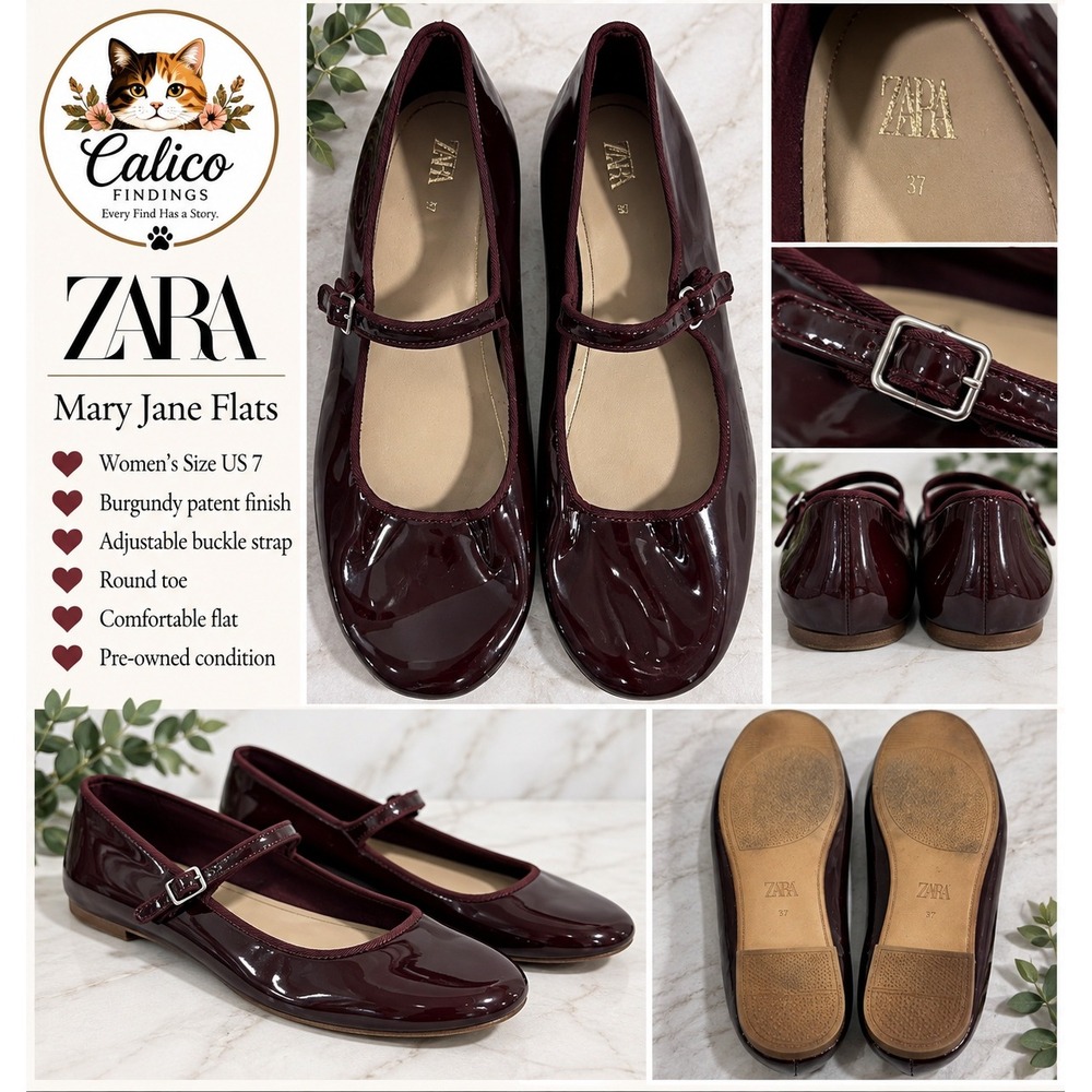Zara Burgundy Patent Mary Jane Flats Round Toe Buckle Strap Size 7